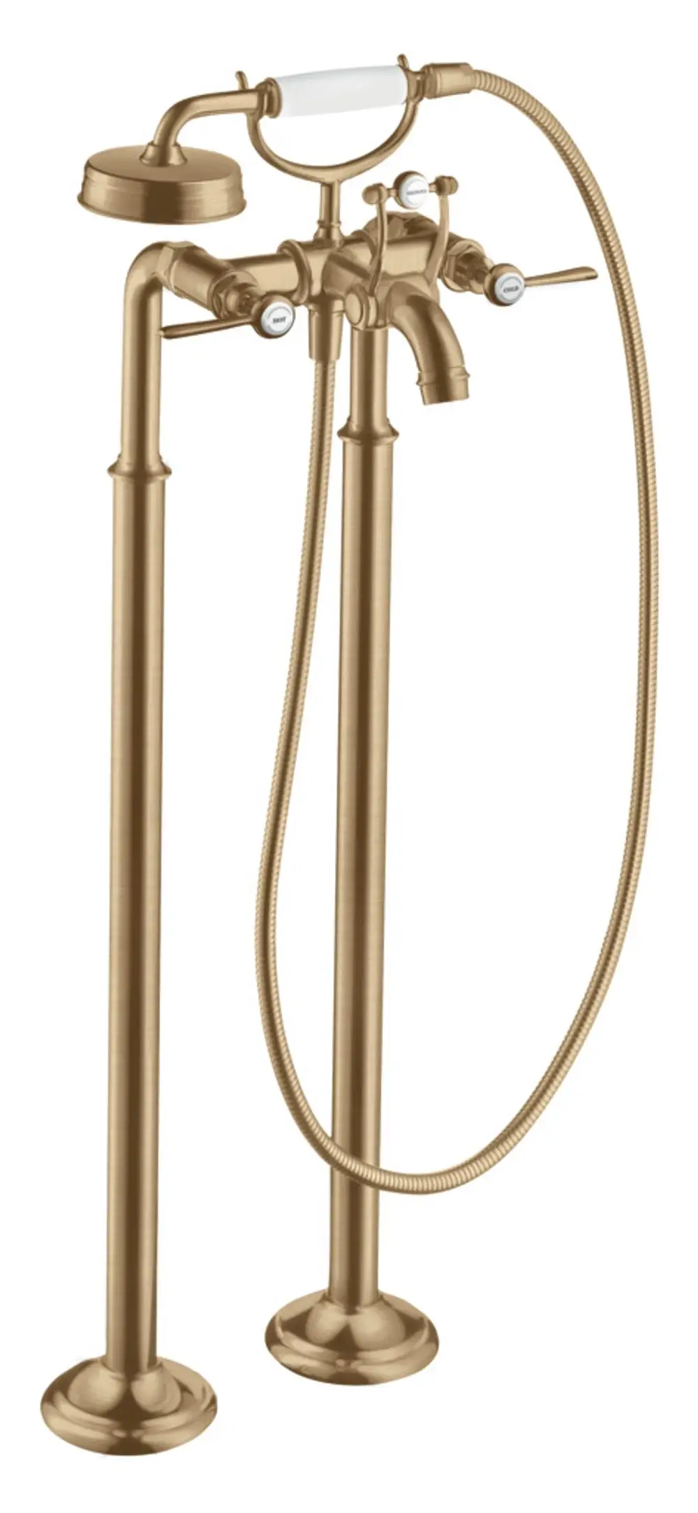 Bodenstehende Wannenarmatur mit zwei Hebelgriffen in gebürstetem Bronze-Finish von AXOR, ausgestattet mit einer Handbrause und flexiblen Anschlüssen.